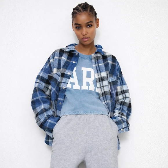Zara Jackets & Blazers - ZARA Blue Plaid Wool Blend Shacket Oversized Snap Button Jacket S